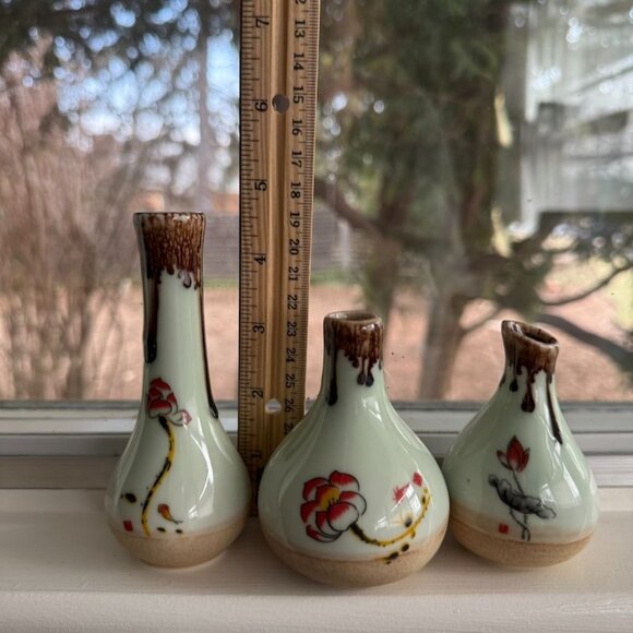 3 Vintage Asian Satsuma Vases Hand-Painted Ceramic Miniature Floral Neutrals - Picture 9 of 9